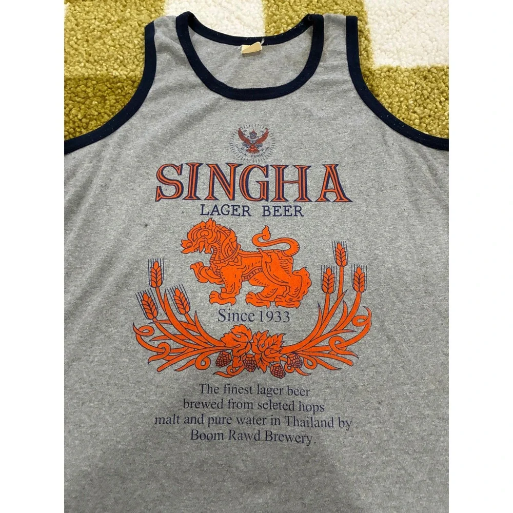 Vintage Singha Lager Beer Ringer Tank Top Mens XL Gray Thailand Brewery Tee